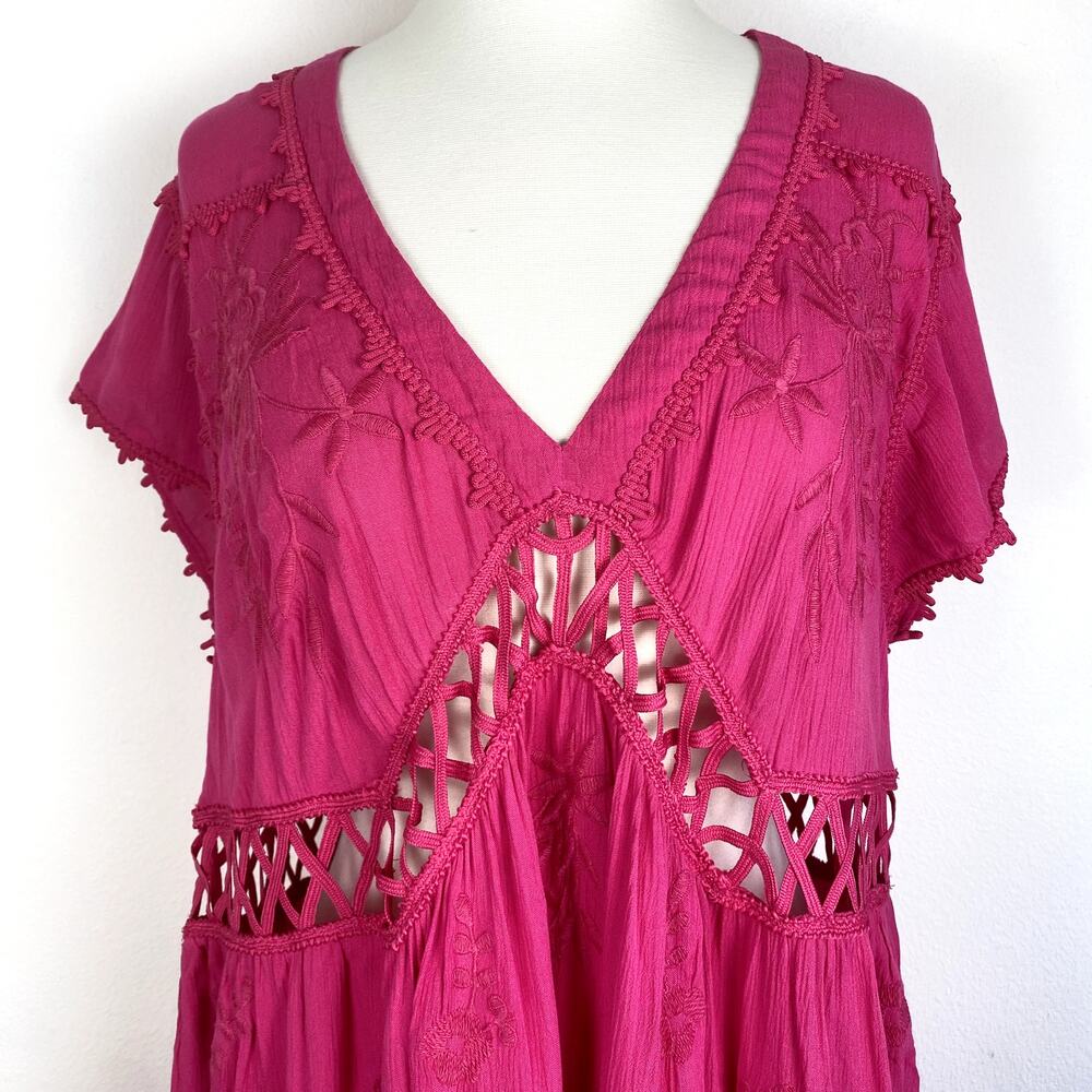 Free People Hot Pink Lattice Cutout Floral Embroidered Tunic Marissa FP Dress - Picture 4 of 7